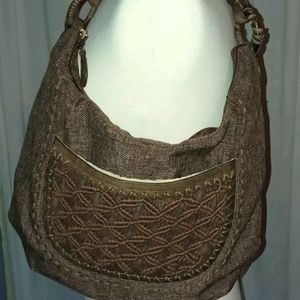 Cole Haan Linen Shoulder Bag Purse Zipup Brown Khaki Neutrals boho Bohem…